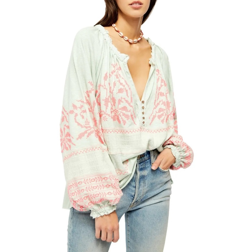Free People Persuasion Embroidered Balloon-Sleeve Top